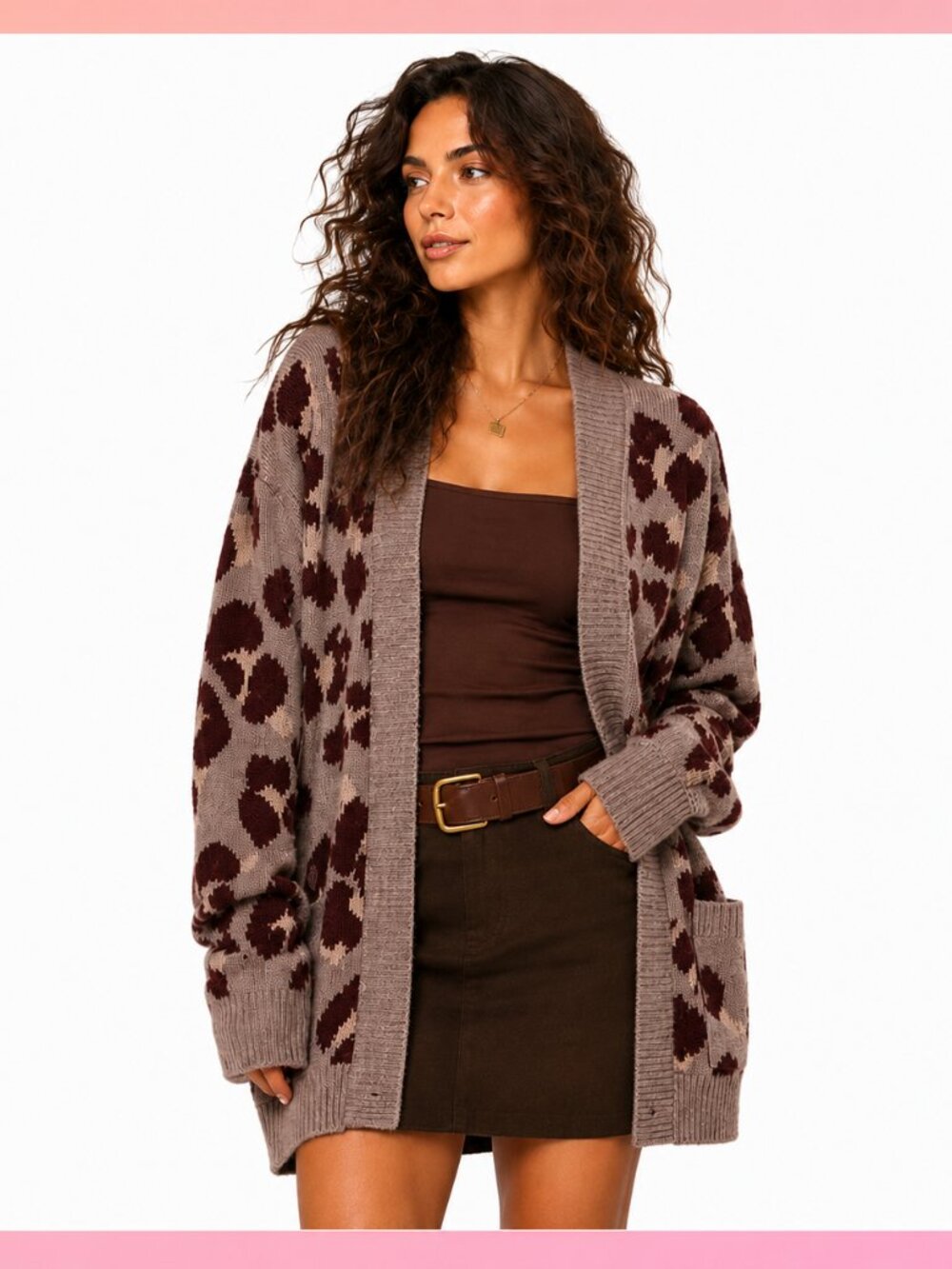Women's GeeGee Brown Burgundy Leopard Print Cardigan Sweater S